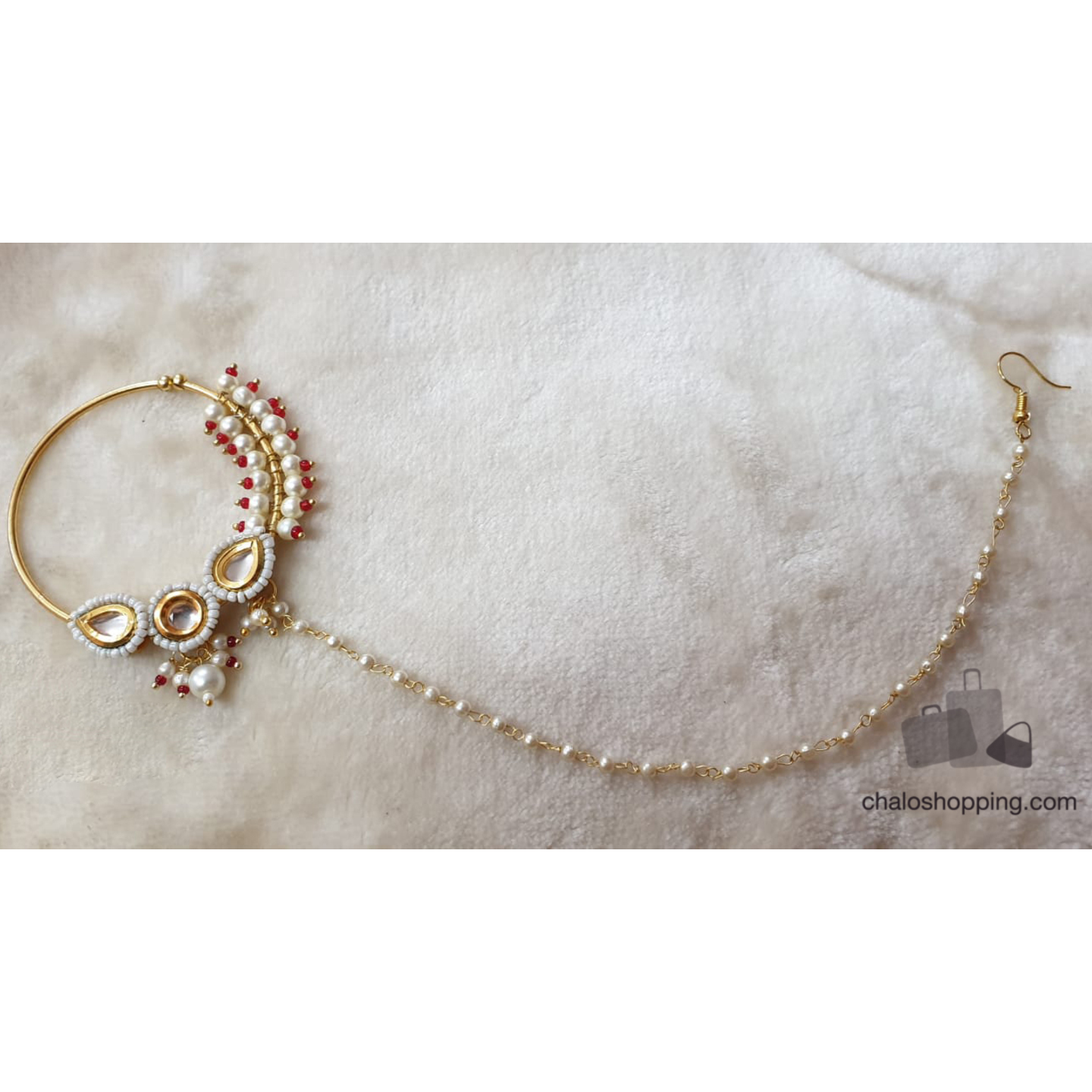 Red Sees Bead Triple Kundan Nose Ring