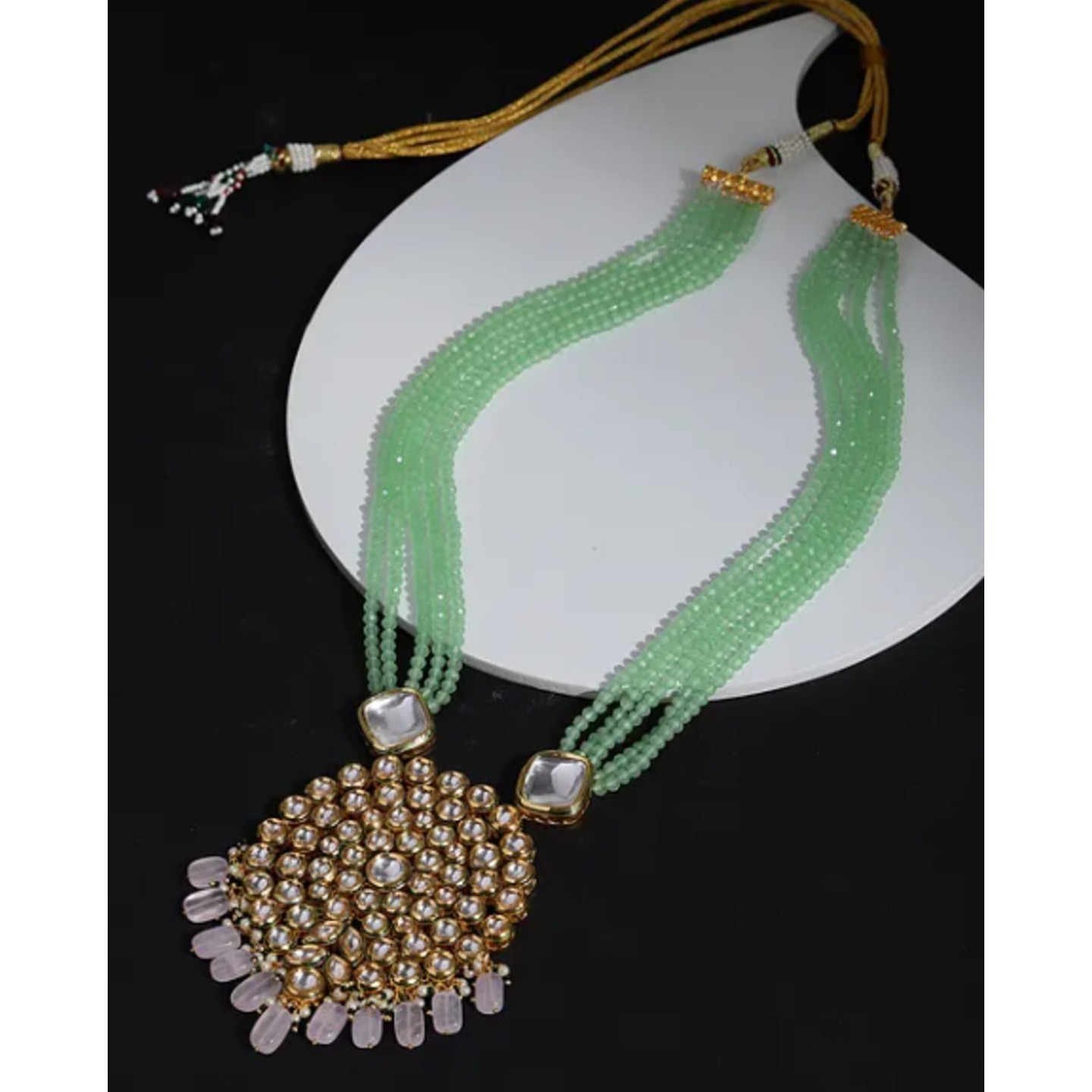 Green Pink Gold Plated Kundan Beaded Necklace
