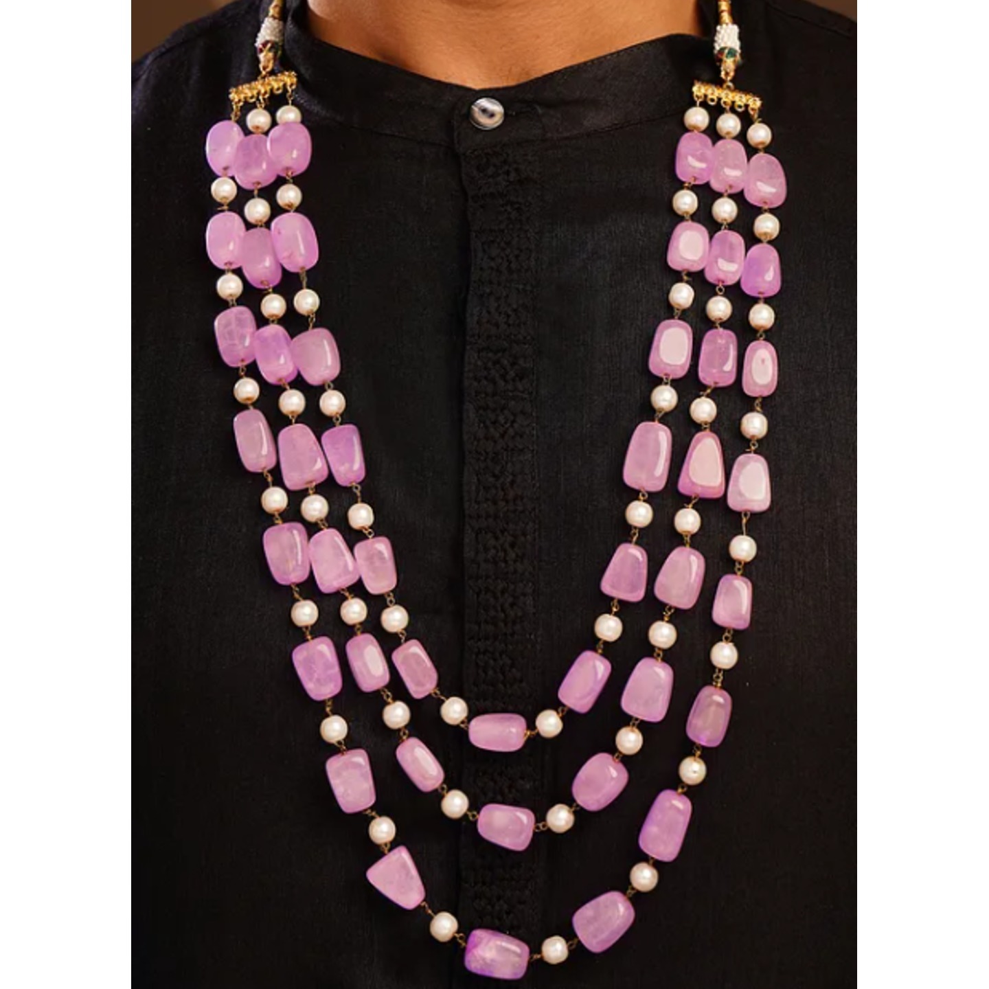 Pink White Beaded Layered Necklace With Pearls For Men