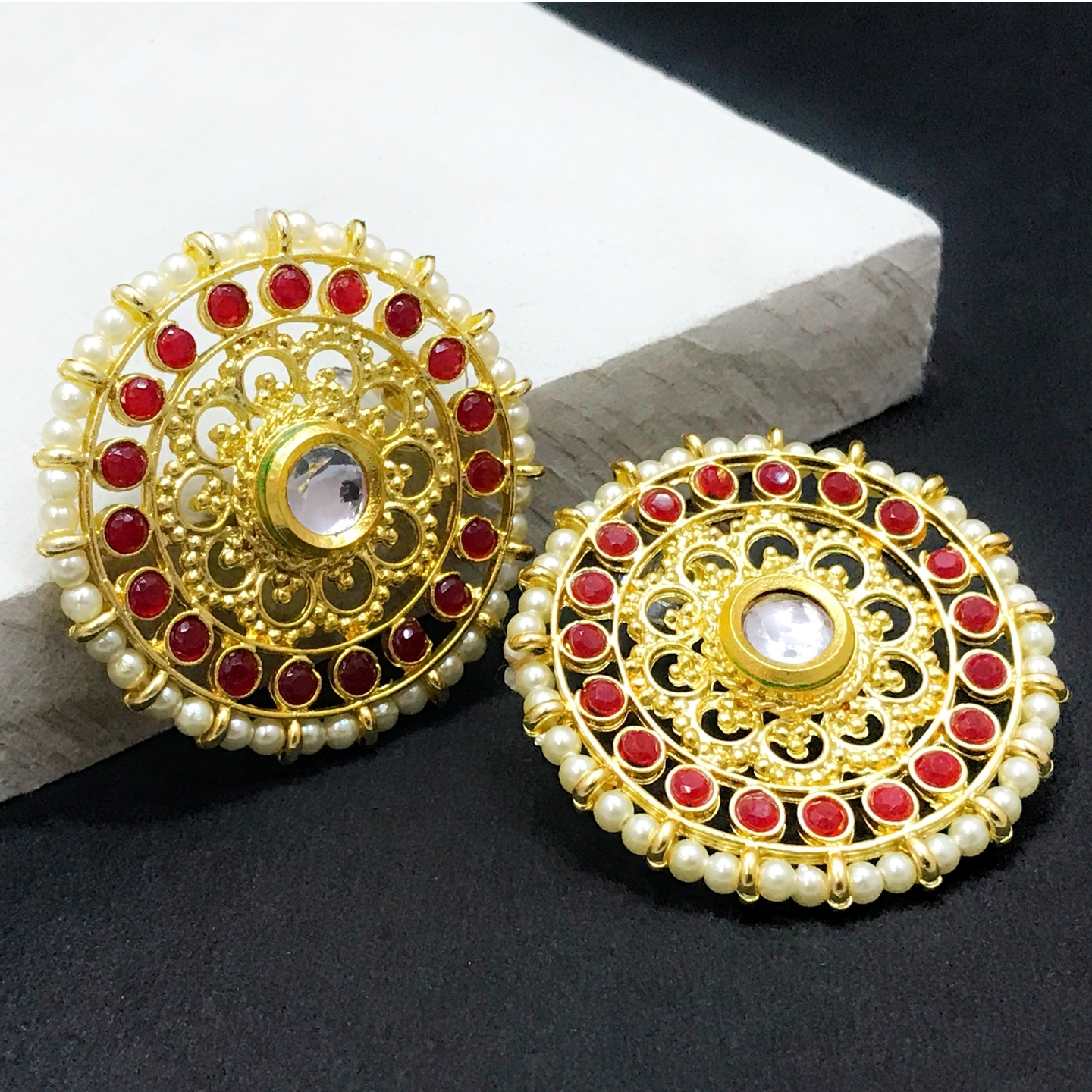 Maroon & Gold Tone Kundan Studs