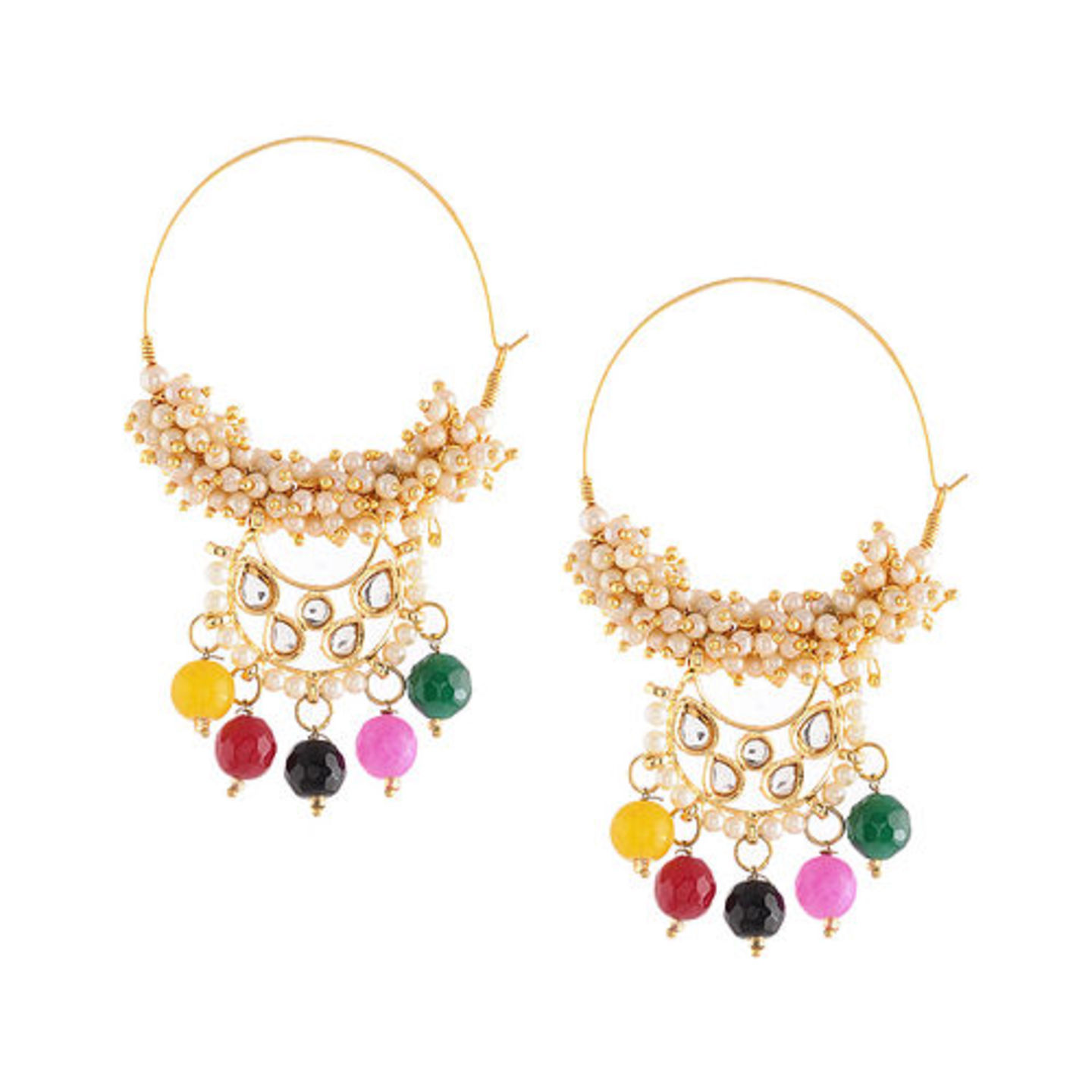 Multicolored Gold Tone Kundan Hoop Earrings with Pearls