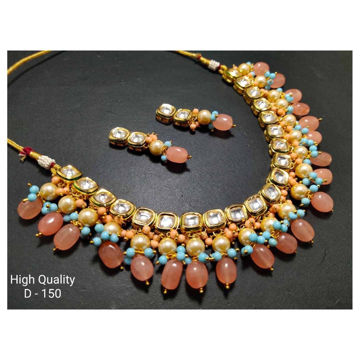 Peach Gold Tone Kundan Necklace With Earring Onyx Pearls