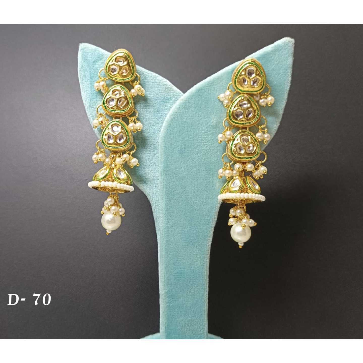 Green White Gold Tone Kundan Earrings Onyx Pearls
