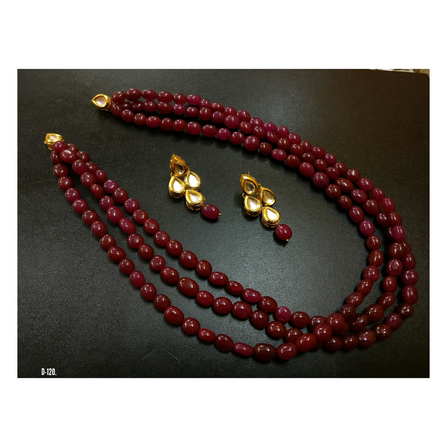 Kundan Triple Layer Necklace Set With Earring Ruby Maroon