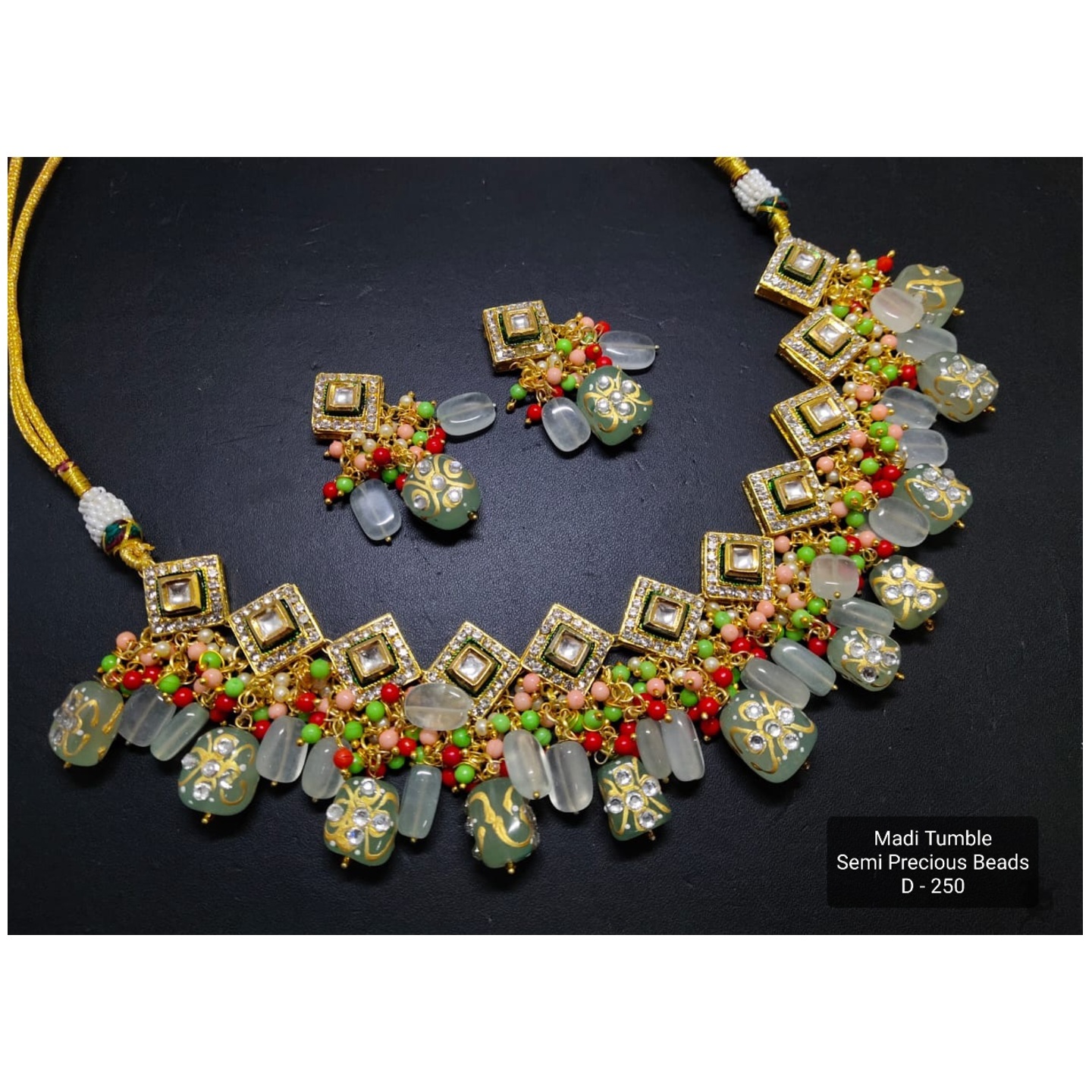 Olive Green Agate High Quality Kundan Necklace Set