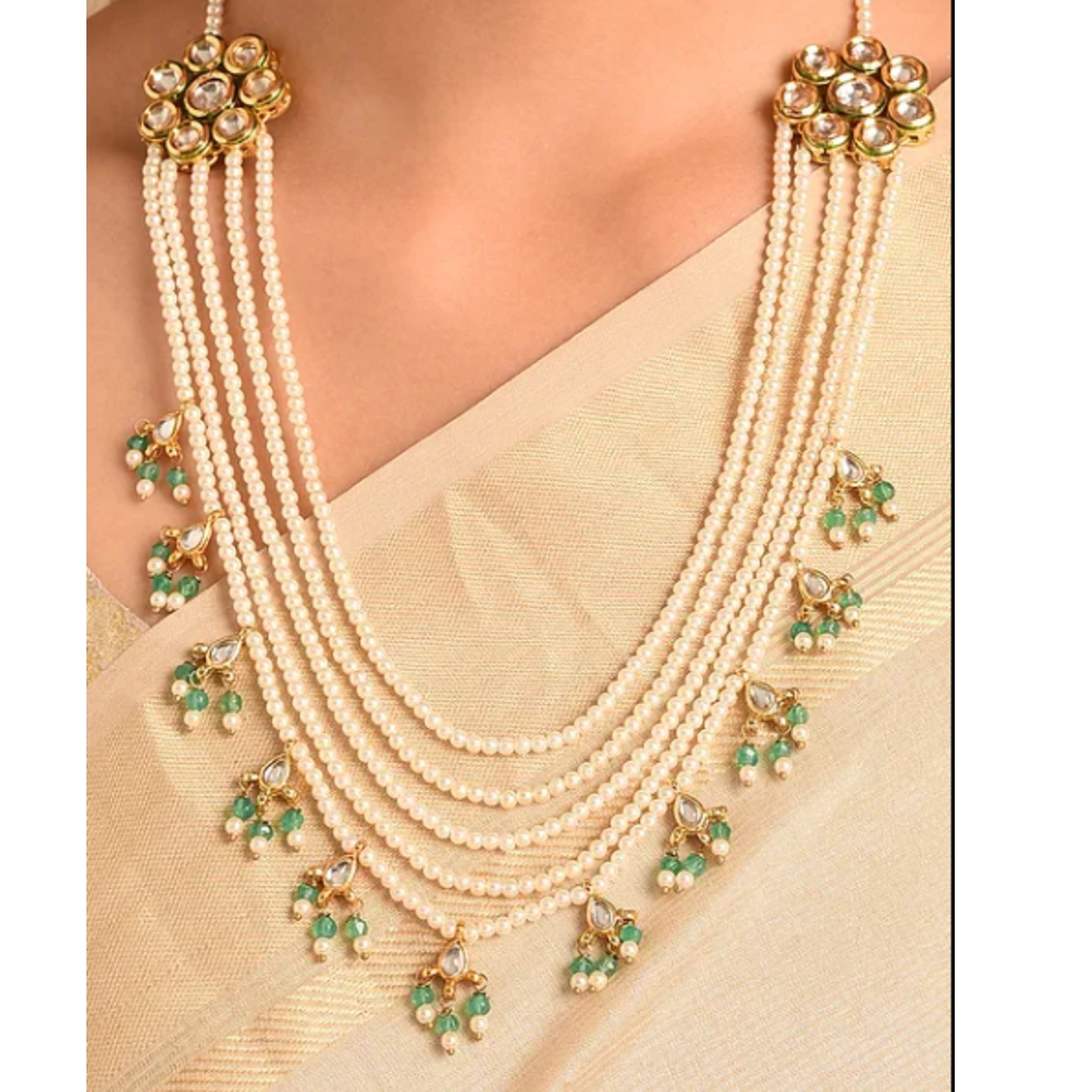White Gold Tone Kundan Beaded Necklace Set With Pearls