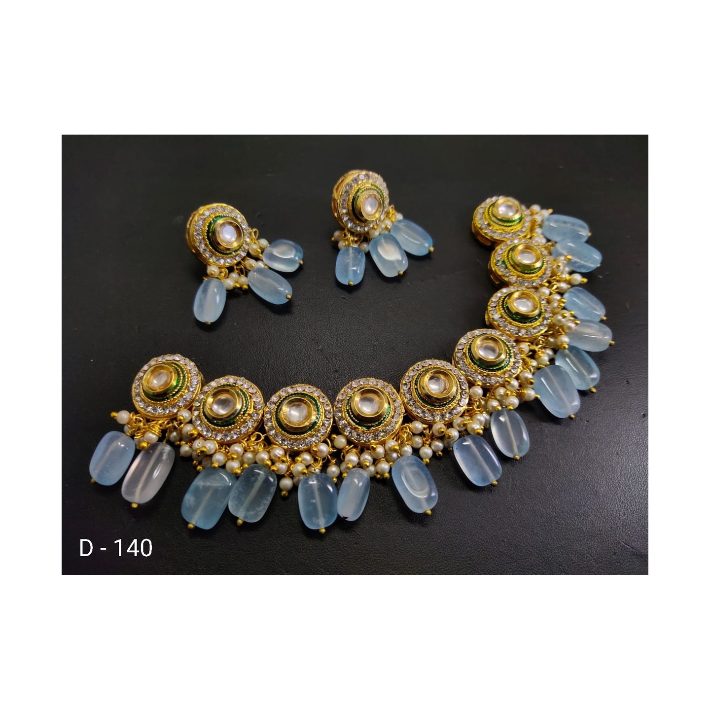 Kundan Necklace With Earring & Light Blue