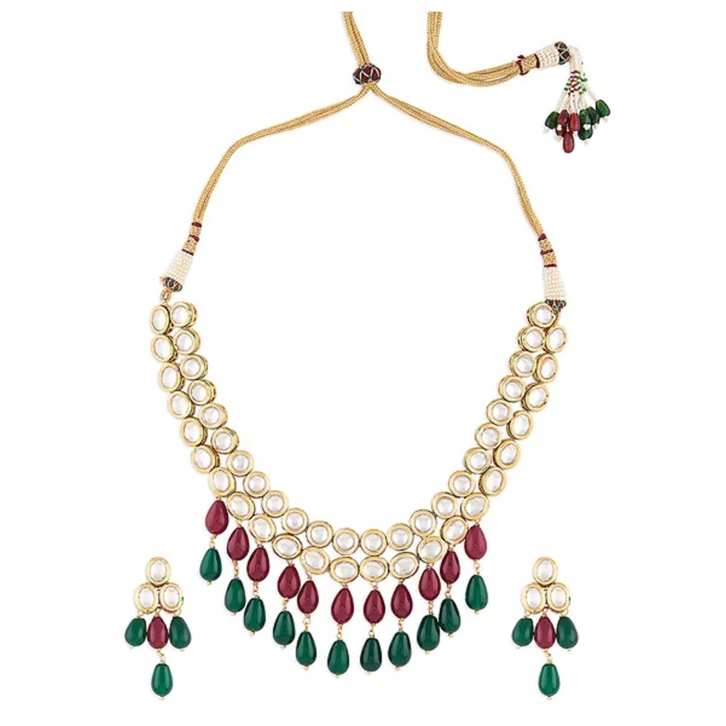 Red Green Gold Tone Kundan Necklace Set With Earring