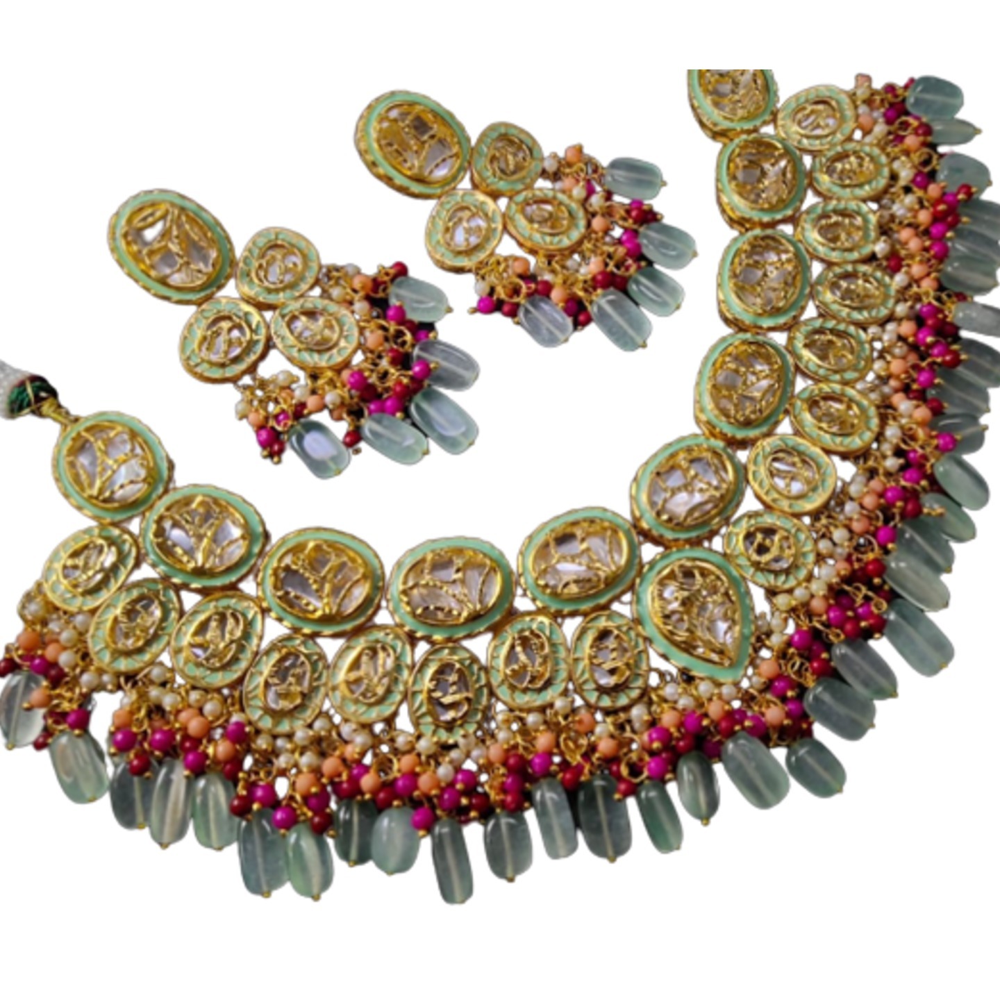 Gold Tone Kundan Necklace Set With Earring Gray Onyx Stone
