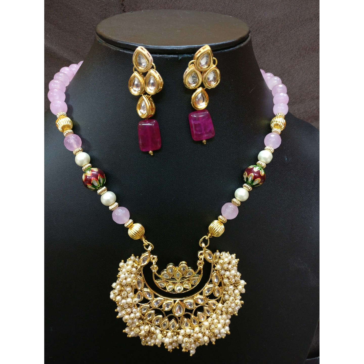 Kundan Necklace Set With Earring Pink Onyx Pearls