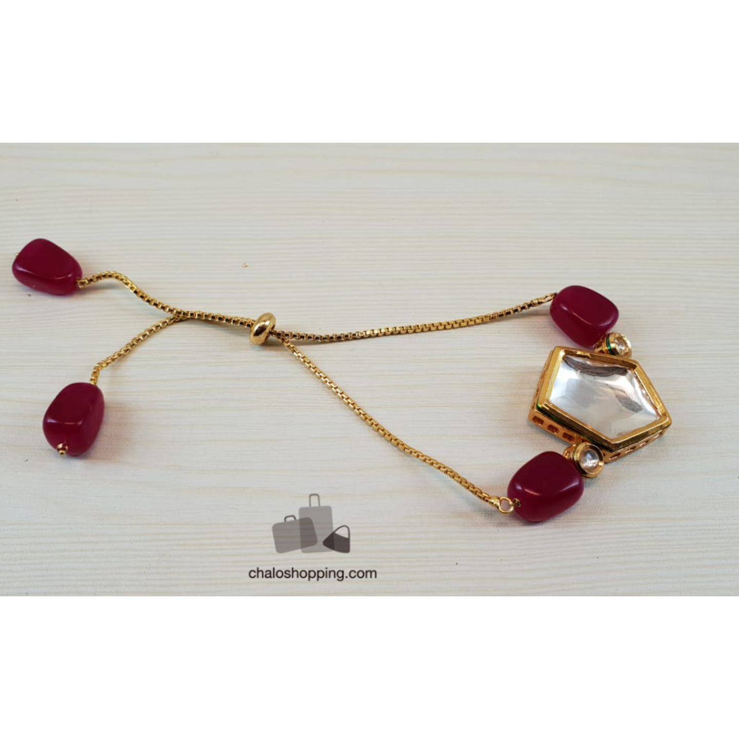 Onyx Stone Kundan Chain Bracelet - Maroon Red
