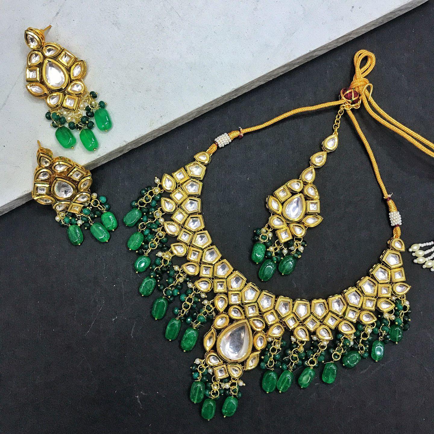 Green Gold Tone Kundan Necklace with Earrings and Maang Tikka Set of 3