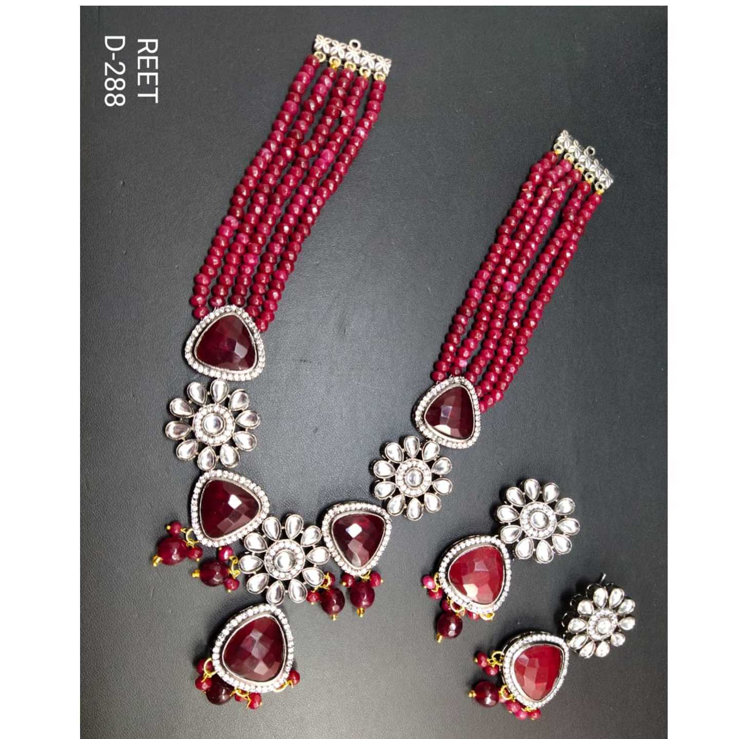 Ruby Maroon Kundan Necklace Set With Earring