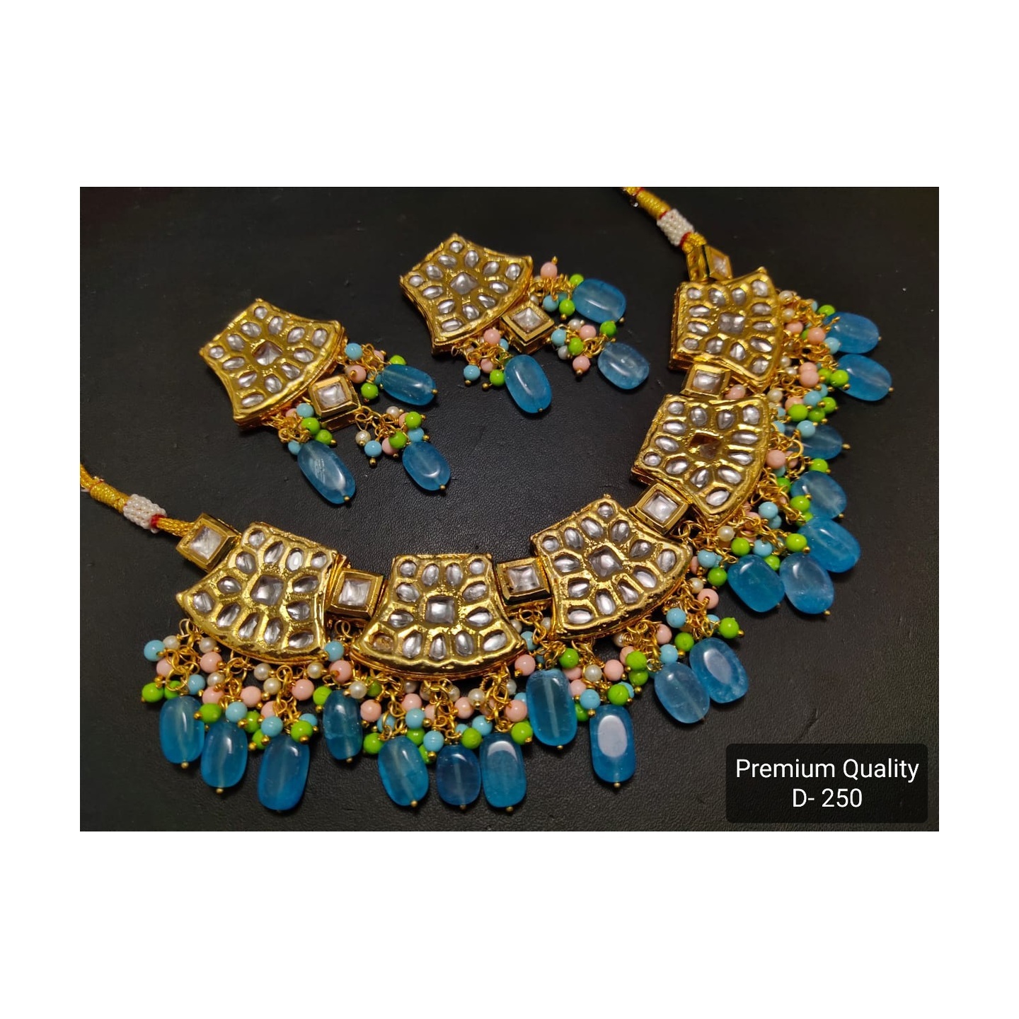 High Quality Kundan Necklace Set With Earring Blue Onyx Stone