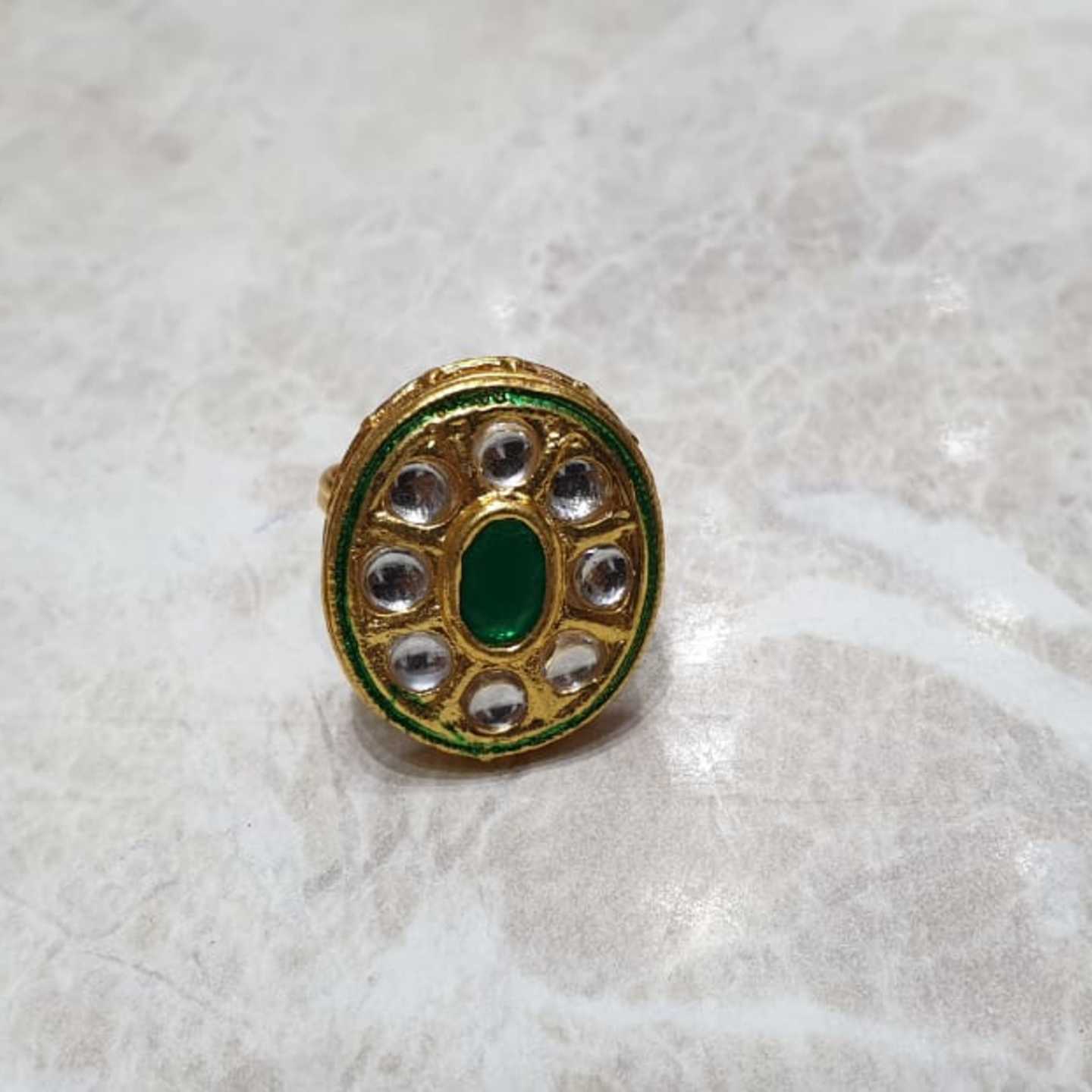 Green Gold Tone Kundan Ring Onyx Stone