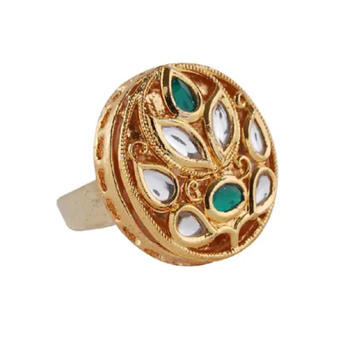 Green Gold Tone Kundan Adjustable Ring