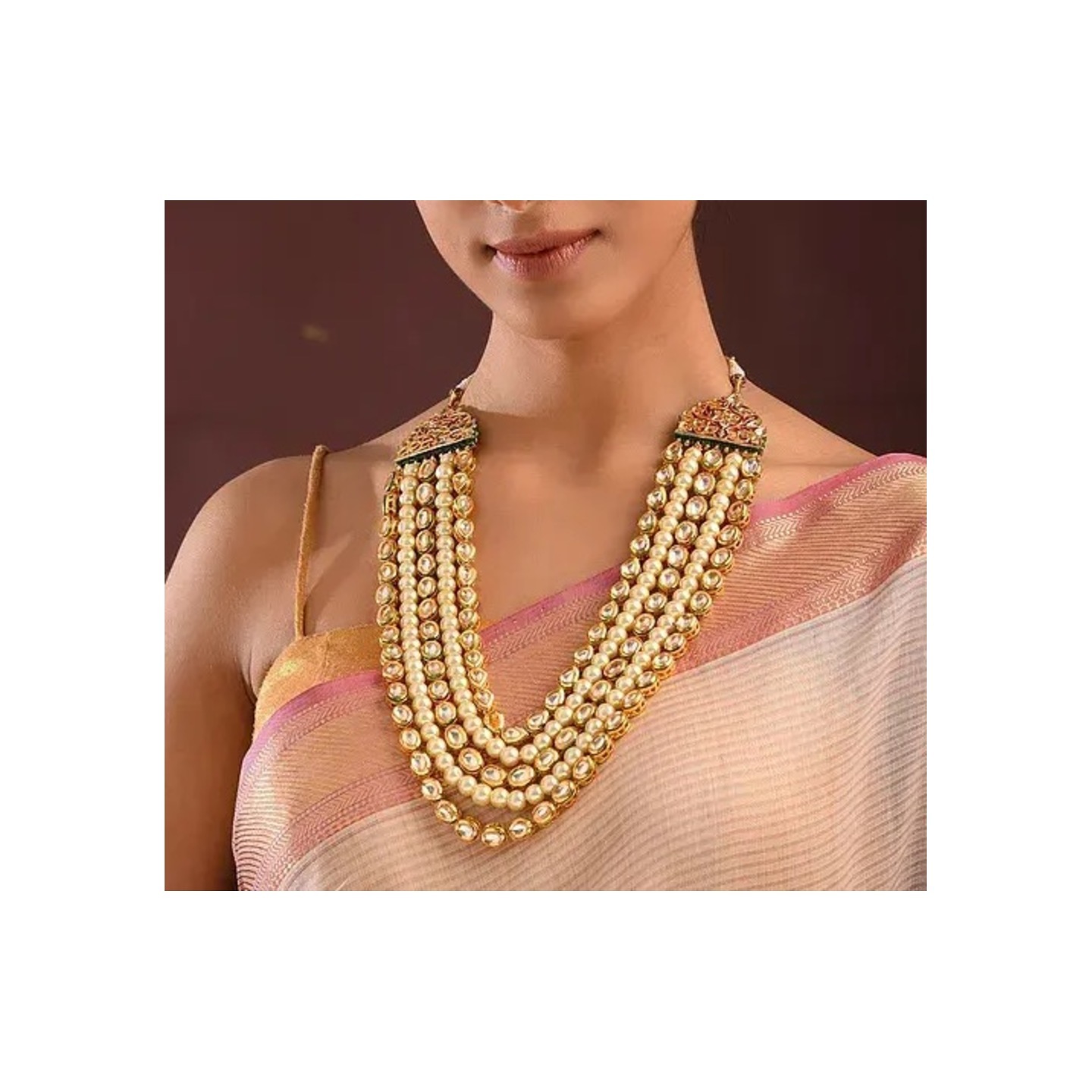 Green Gold Tone Kundan Necklace With Pearl