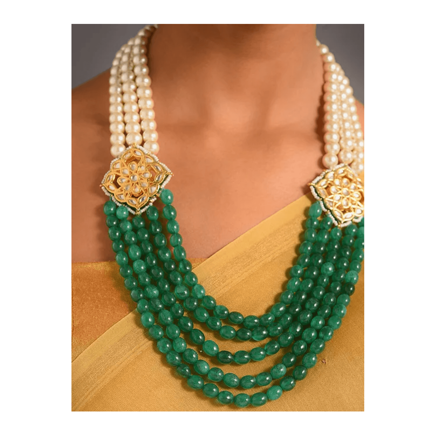 Green Gold Tone Kundan Necklace With Pearls