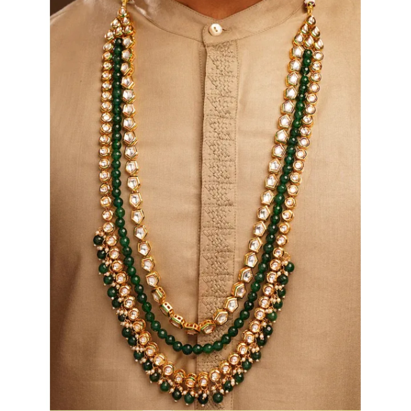 Green Gold Tone Kundan Beaded Necklace