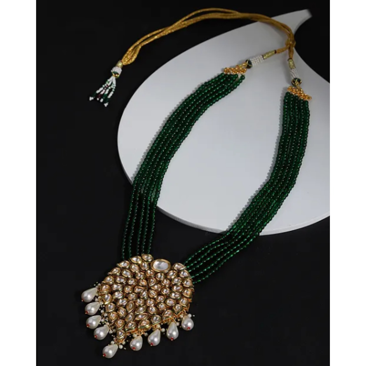 Green Gold Plated Kundan Beaded Necklace With Pearls