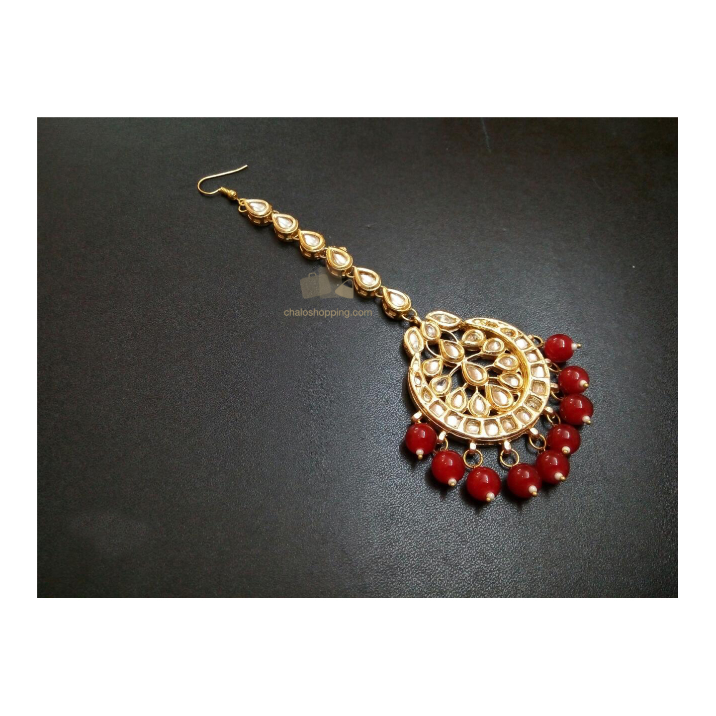Red Glass Bead Kundan Tika