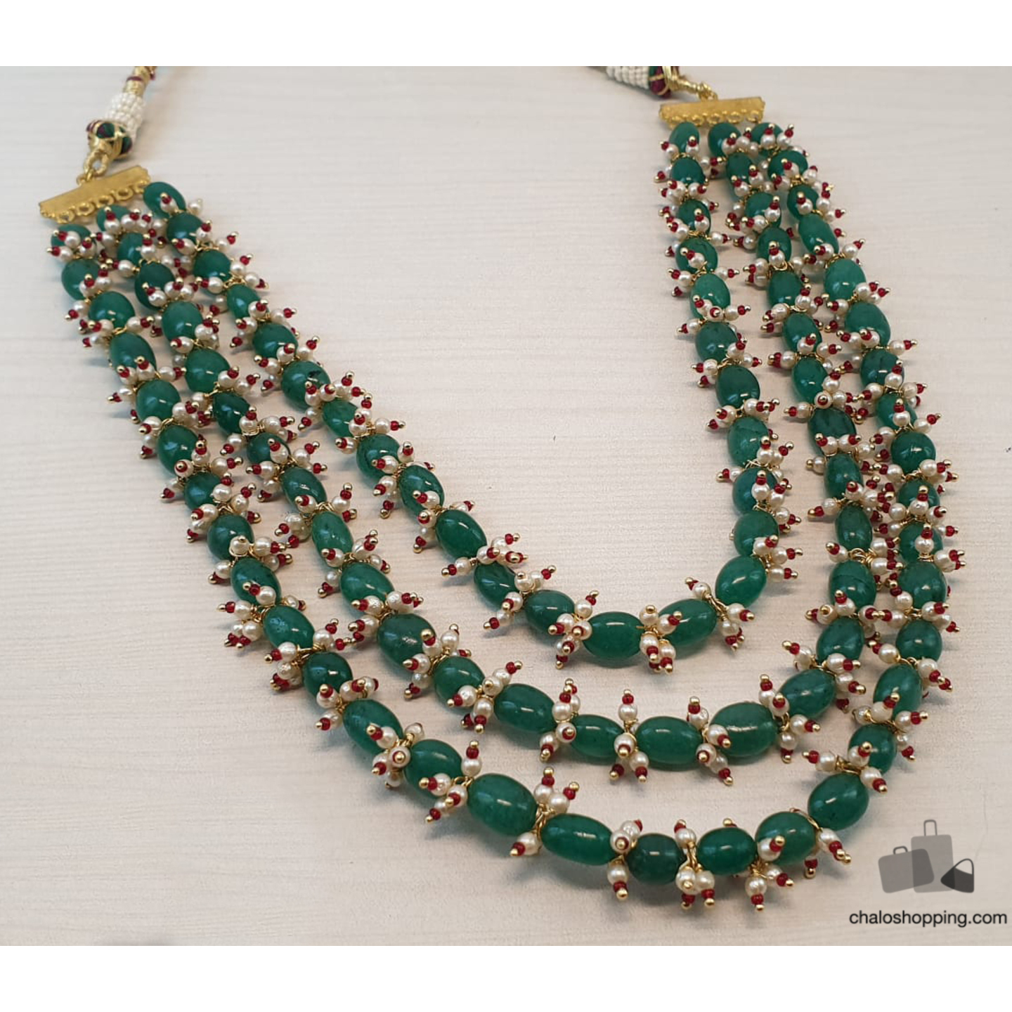 Green Onyx with Faux Pearl Triple Layer Necklace