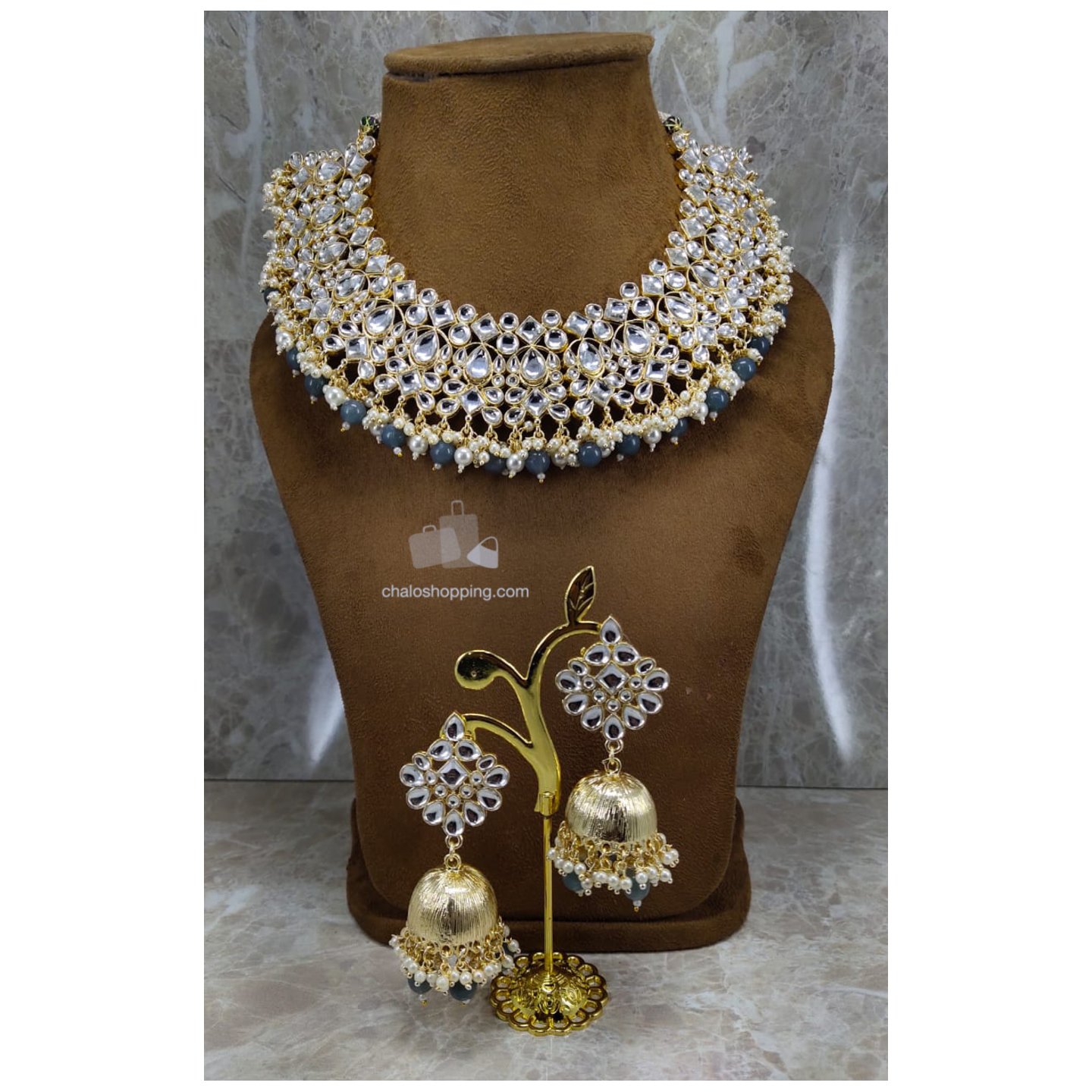 Kundan Inspired Necklace with Grey Stone