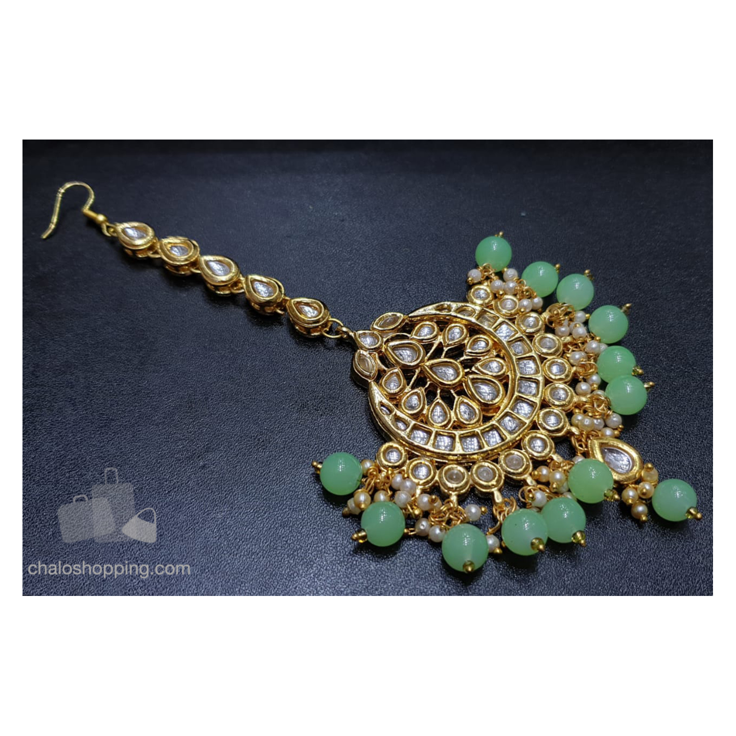 Green Glass Bead Kundan Meenakari Tika