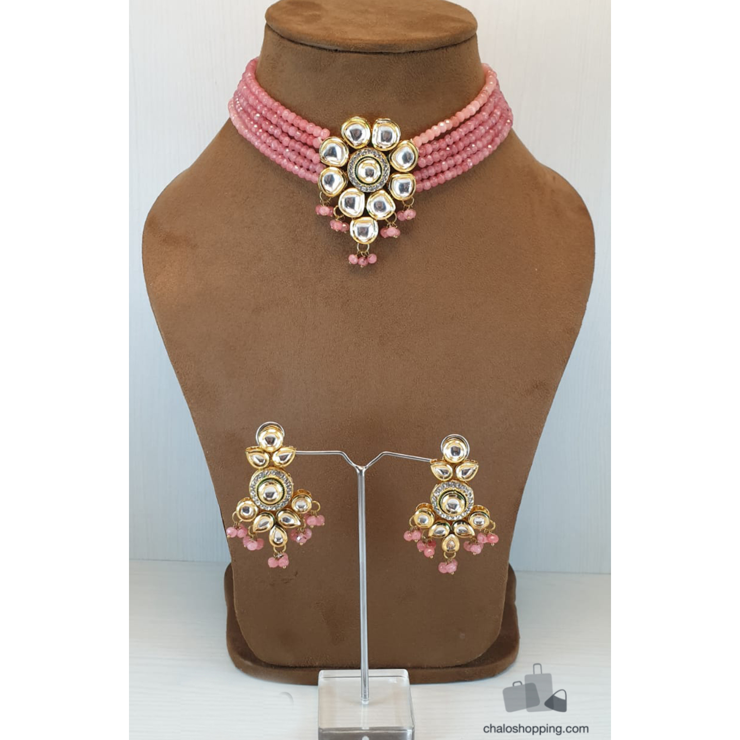 High Quality Kundan Pink Onyx Choker with Earrings