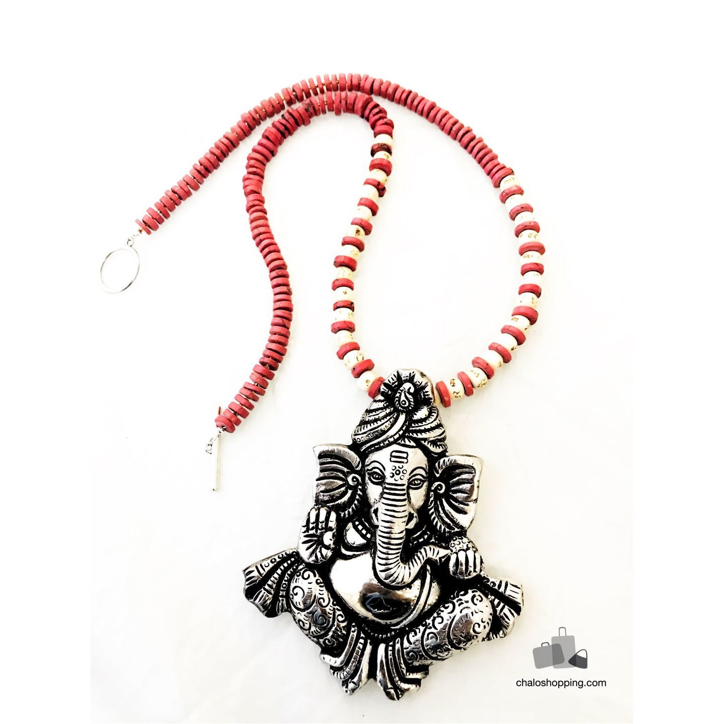 Coral Stones and Handcarved Tulsi Bead Ganesha Necklace