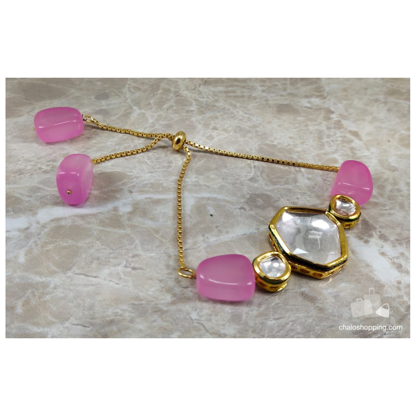 Onyx Stone Kundan Chain Bracelet - Pink