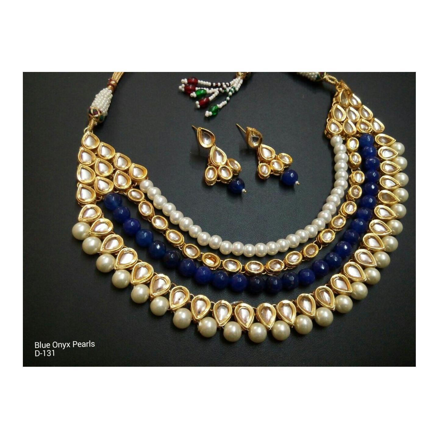 High Quality Kundan Necklace Set With Earring Blue Onyx Pearl