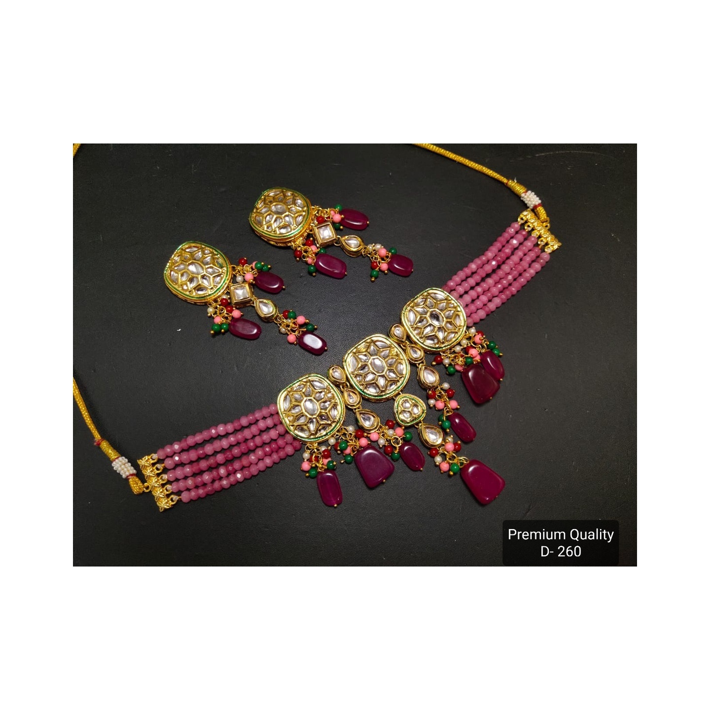 High Quality Kundan Choker Necklace Set With Earring Pink Onyx Stone