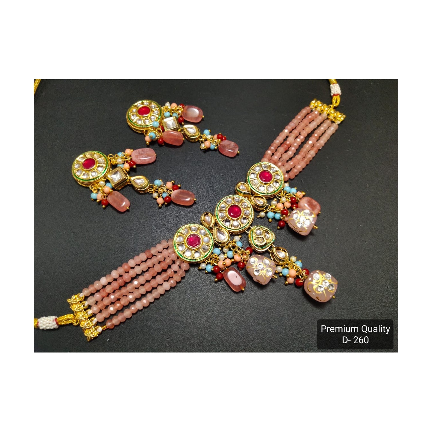 High Quality Kundan Necklace Set With Peach Onyx Stone