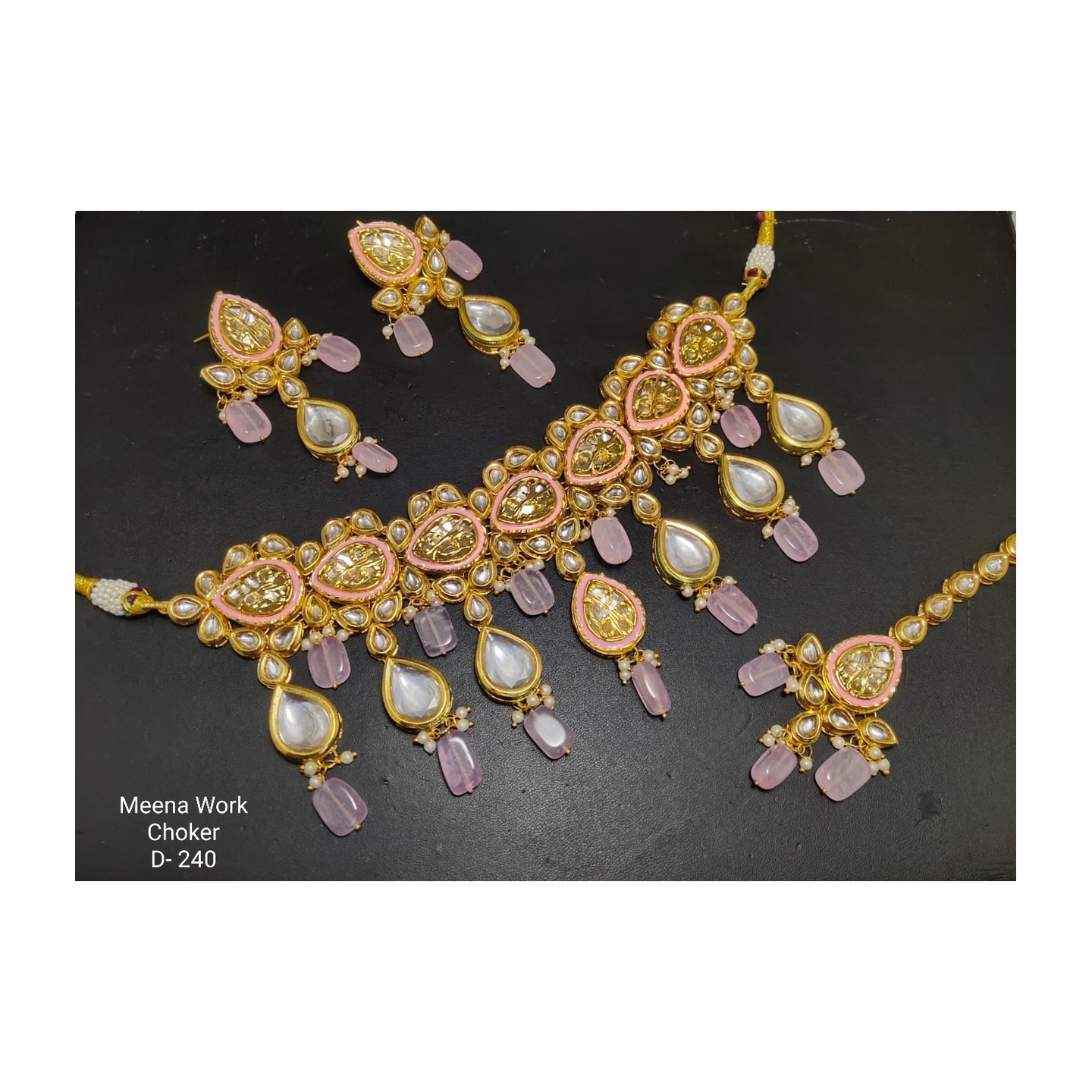 Kundan Choker Necklace Set With Earring ,Tikka Light Pink Stone