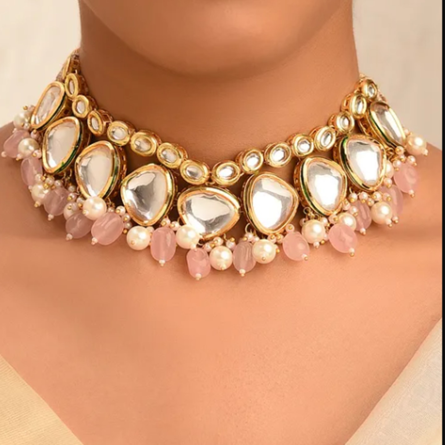 Pink Gold Tone Kundan Choker Necklace Set with Quartz