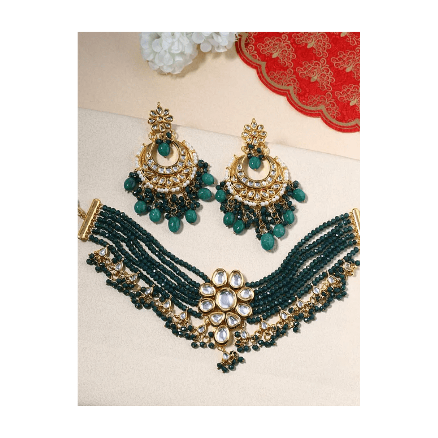 Green Gold Tone Kundan Beaded Necklace With Earring