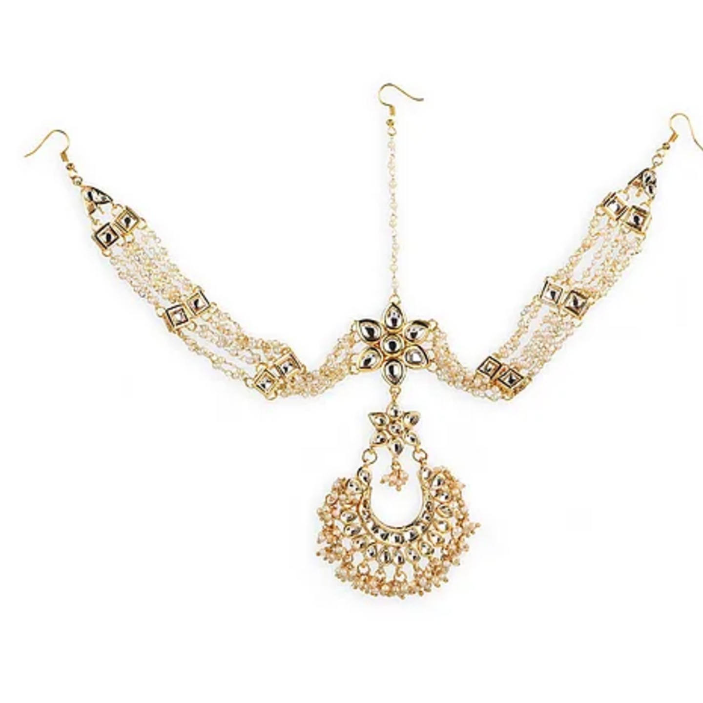 White Gold Plated Kundan Mathapatti with Pearls