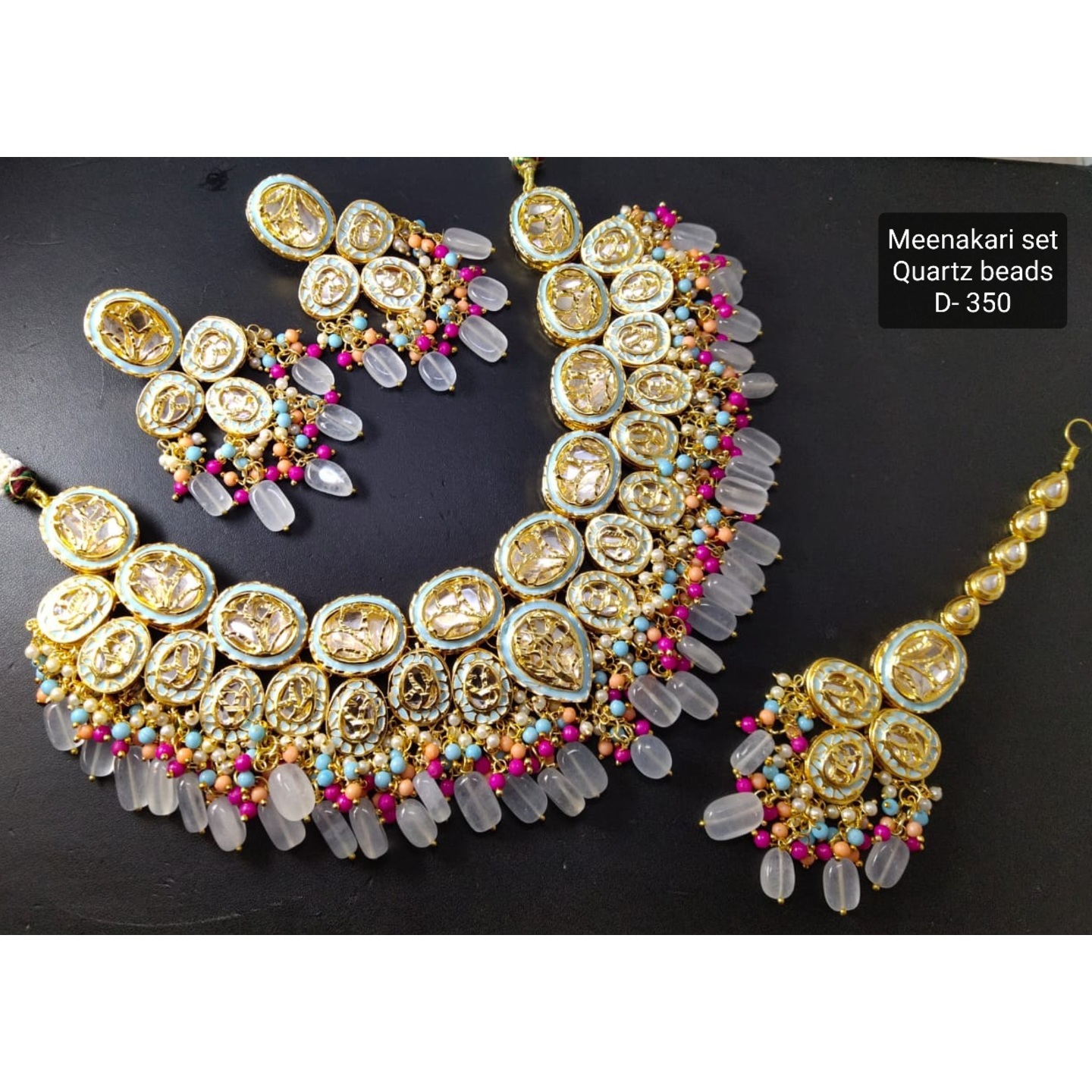 Kundan Necklace Set with Tikka Pink & Sea Green Stones
