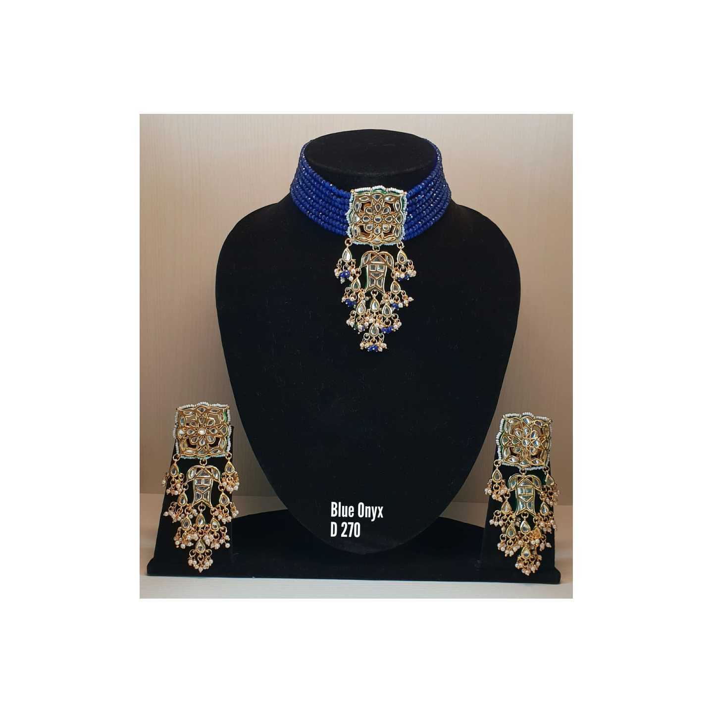 High Quality Kundan Blue Onyx Choker With Earring