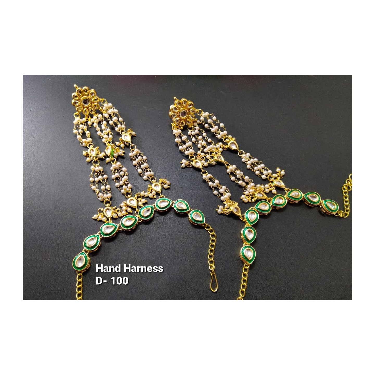 High Quality Kundan Hathphool Pair Green Stone
