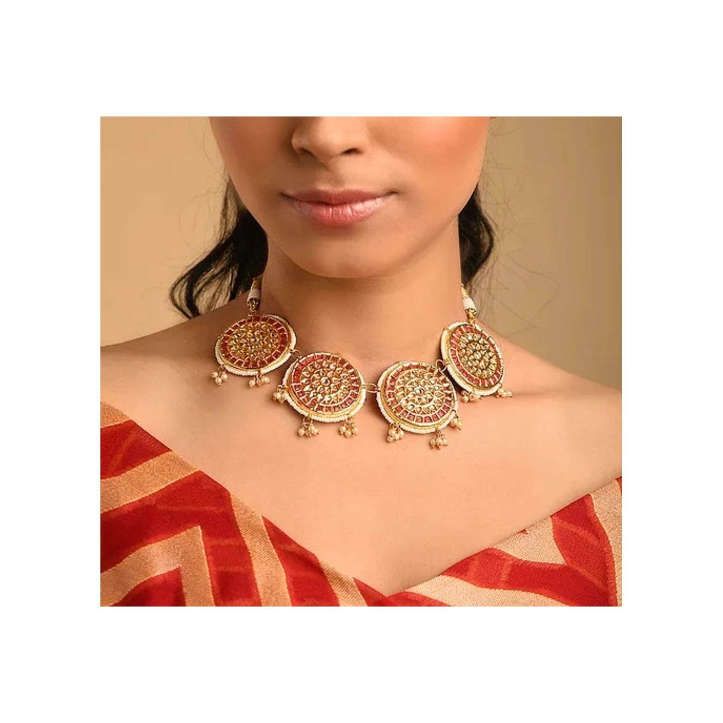 Red Gold Plated Kundan Necklace 