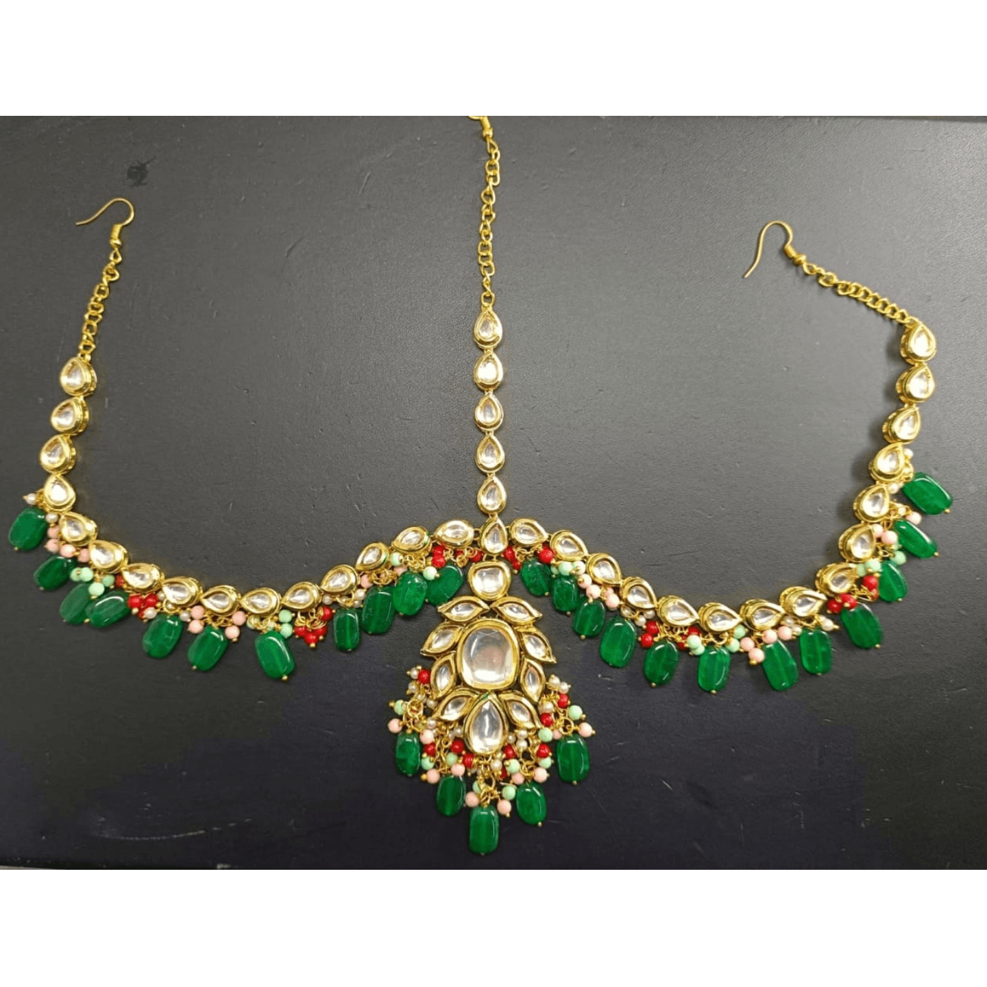High Quality Gold Tone Kundan MathPatti Green Onyx Stone