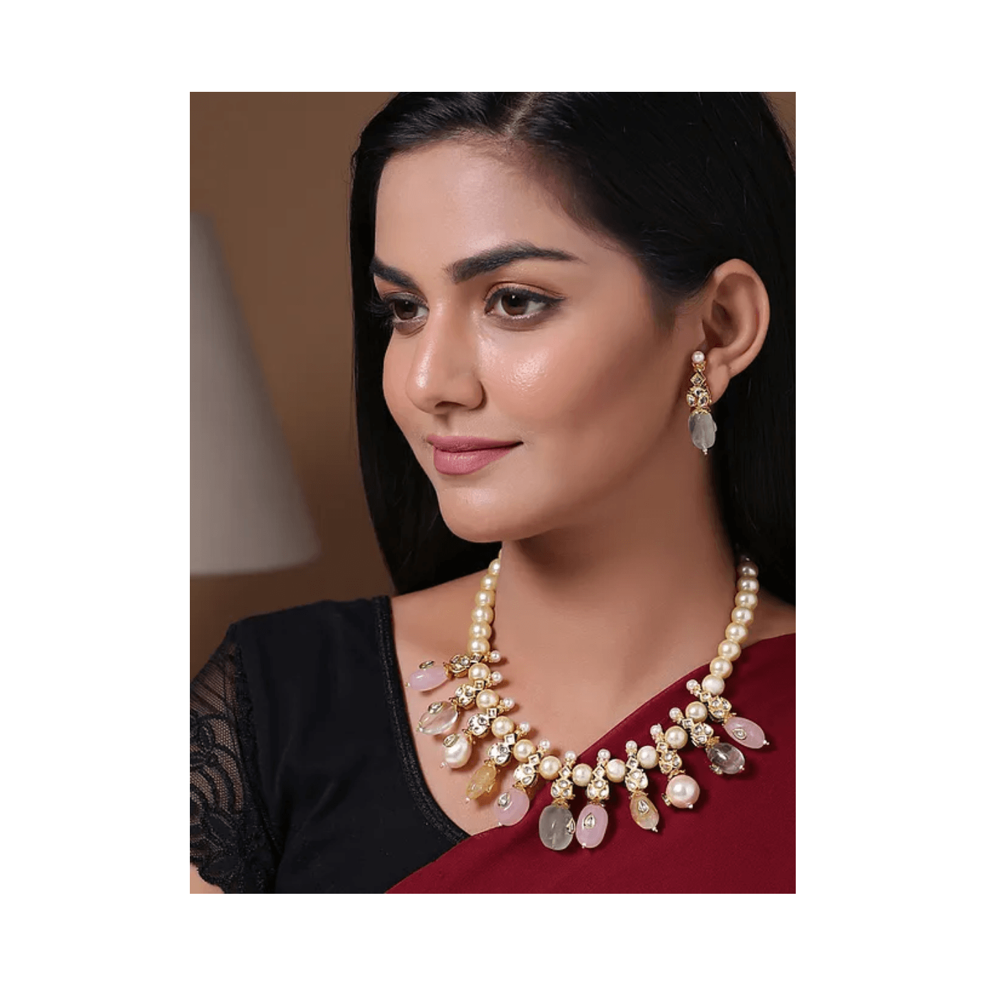 Multicolored Gold Tone Kundan Necklace And Earring With Pearig