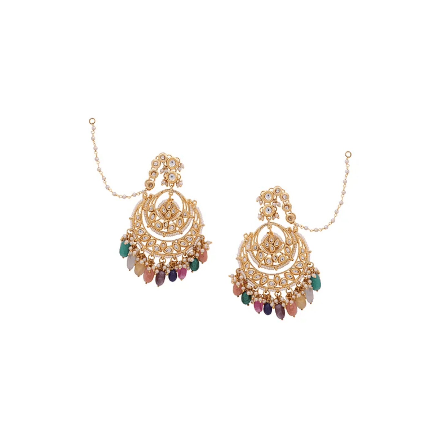 Multicolored Gold Tone Kundan Earring With Ear Chains