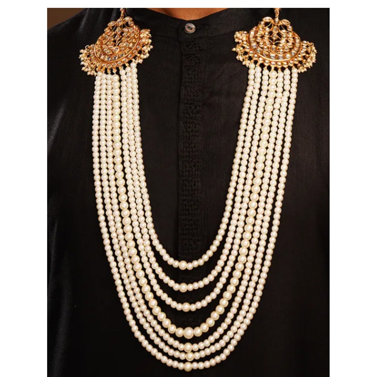 White Beaded Layered Necklace With Pearls For Men 