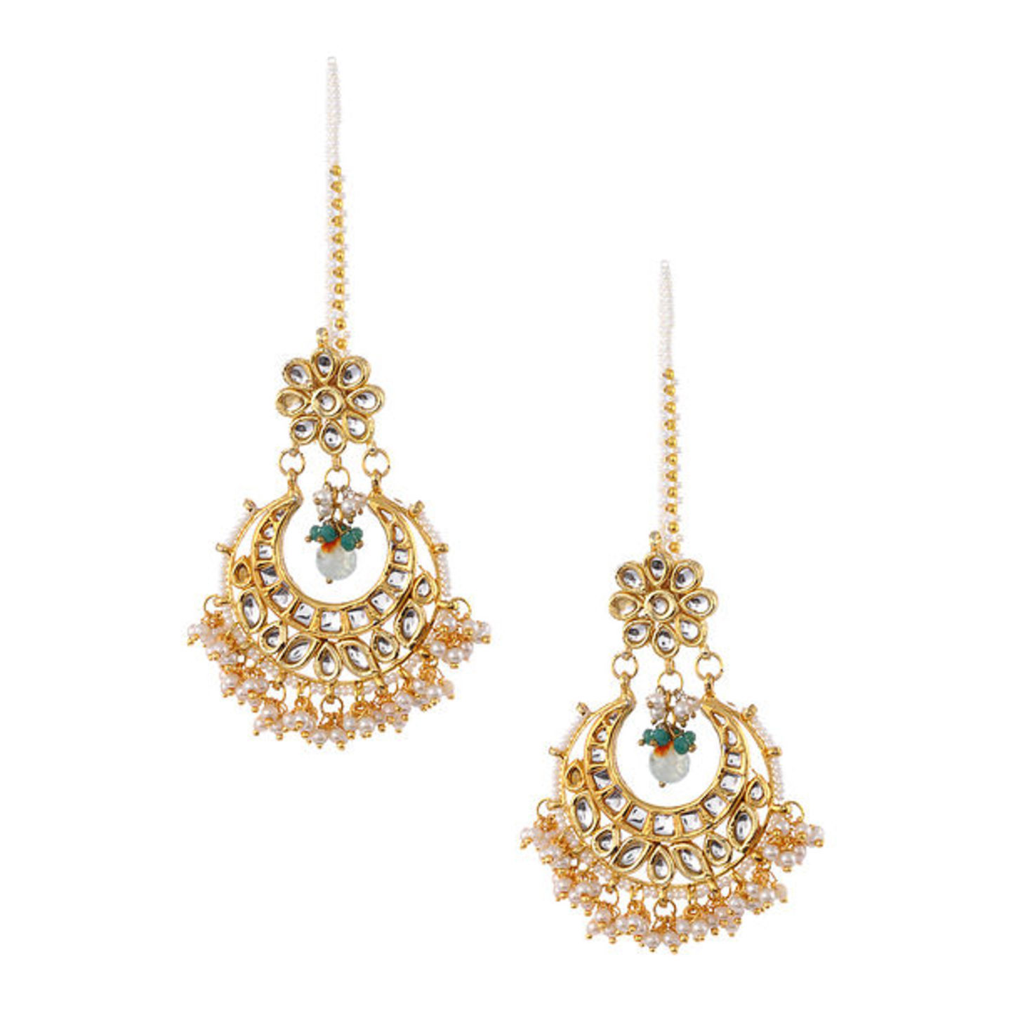 Green Gold Tone Kundan Earrings with Earchains