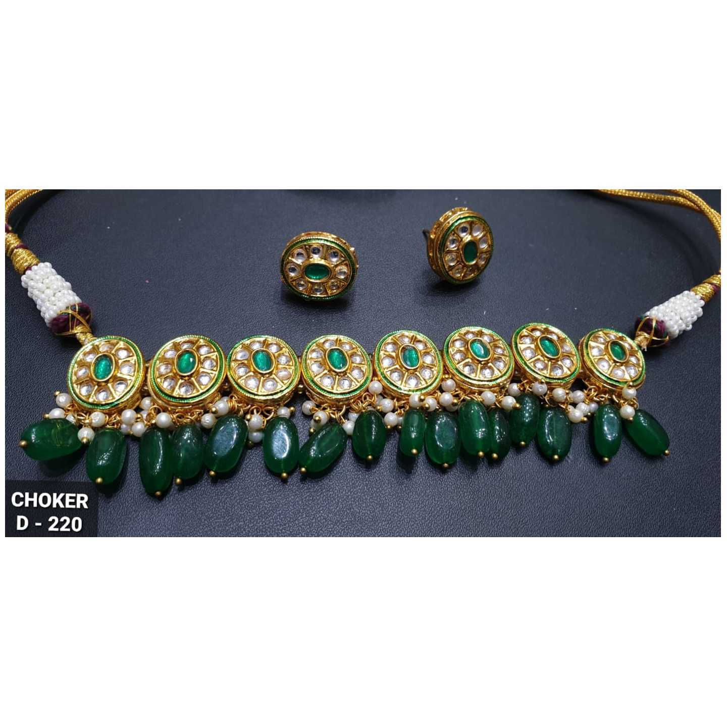 Gold Tone Kundan Necklace Set With Earring Green Onyx Stone