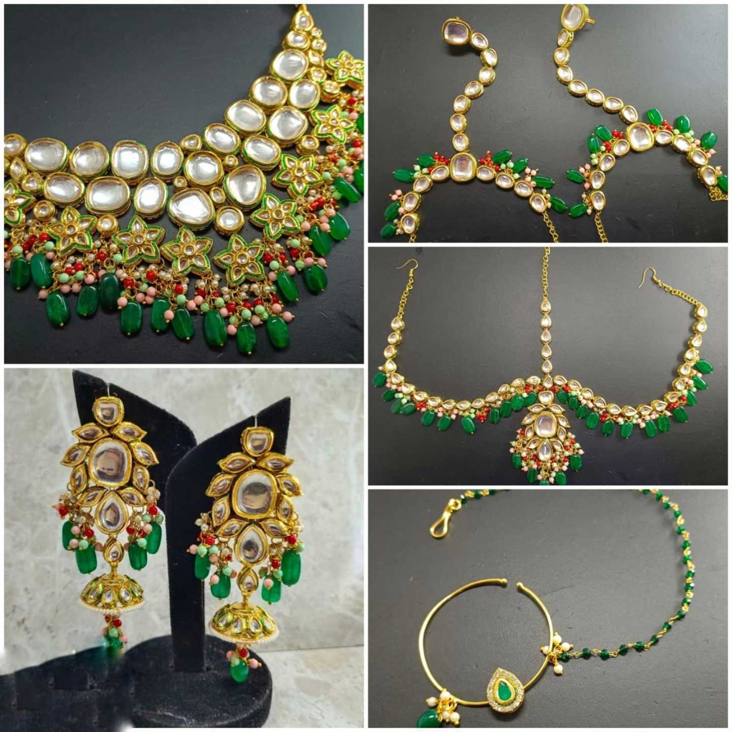 High Quality Kundan Polki Full Bridal Set with Green Onyx Stones
