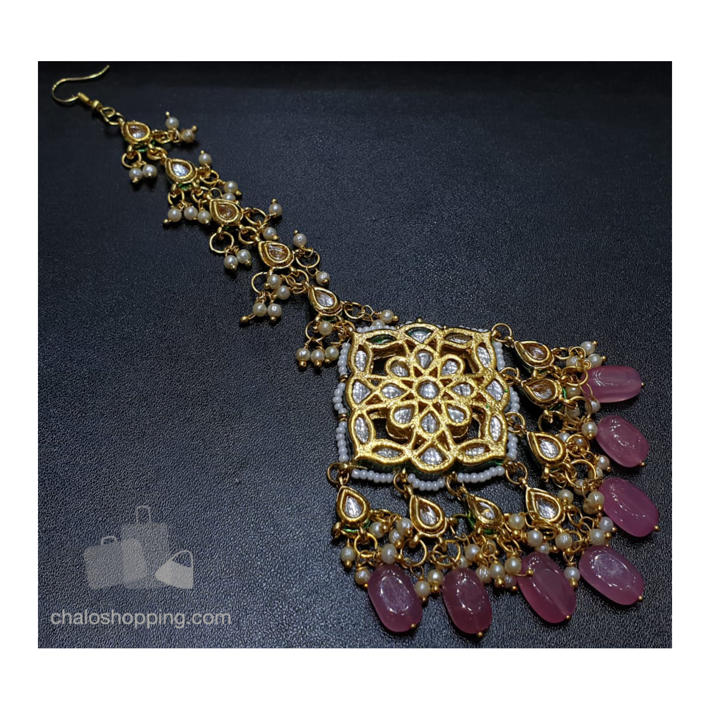 Pink Onyx Kundan Meenakari Tika